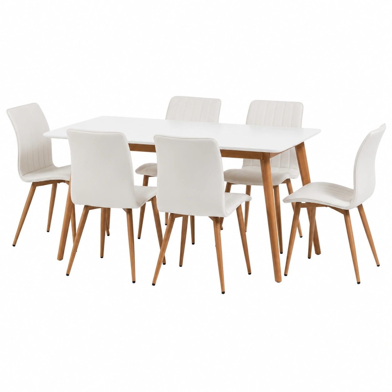 Tavolo da Pranzo Allungabile 140-180x80 cm con 6 Sedie Imbottite in Ecopelle Bianca, Design Scandinavo con Gambe Effetto Legno