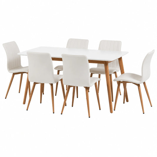 Tavolo da Pranzo Allungabile 140-180x80 cm con 6 Sedie Imbottite in Ecopelle Bianca, Design Scandinavo con Gambe Effetto Legno