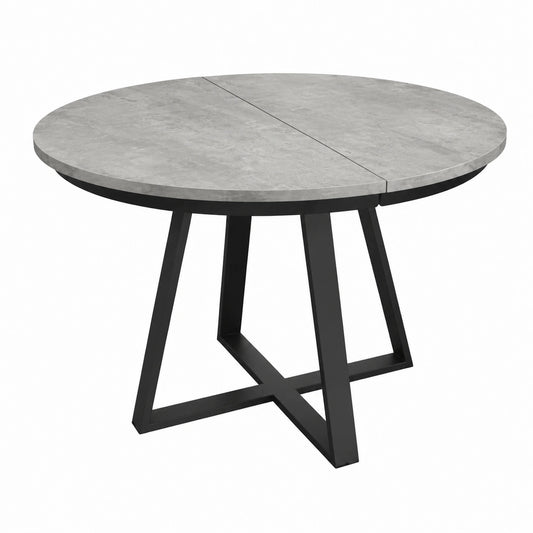 Tavolo Rotondo Estensibile Melania con Gambe Nere Incrociate, Design Italiano, Colore Grigio Cemento, da 120 a 170 cm