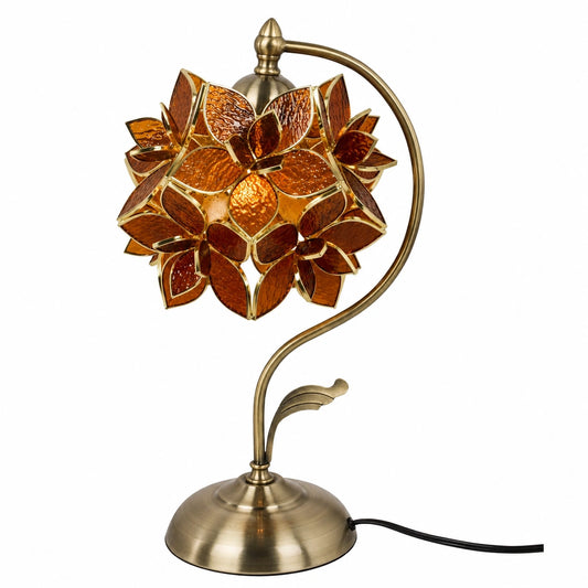 Lampada da tavolo Tiffany in vetro colorato con rosa e base in ottone