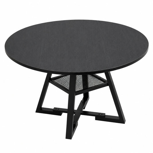 Tavolo Rotondo 120cm con Gambe in Metallo e Piano in Legno, Design Moderno per Sala da Pranzo e Cucina, Colore Nero