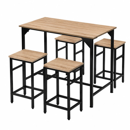 Set Tavolo Bar con 4 Sgabelli Alti in Acciaio, Design Industriale, per Cucina e Sala Pranzo - Colore Legno Chiaro
