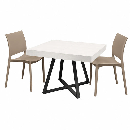 Tavolo Estensibile Ariel con Gambe Incrociate Nere, Finitura Bianco Frassinato, Made in Italy, 95x90x75,5 cm